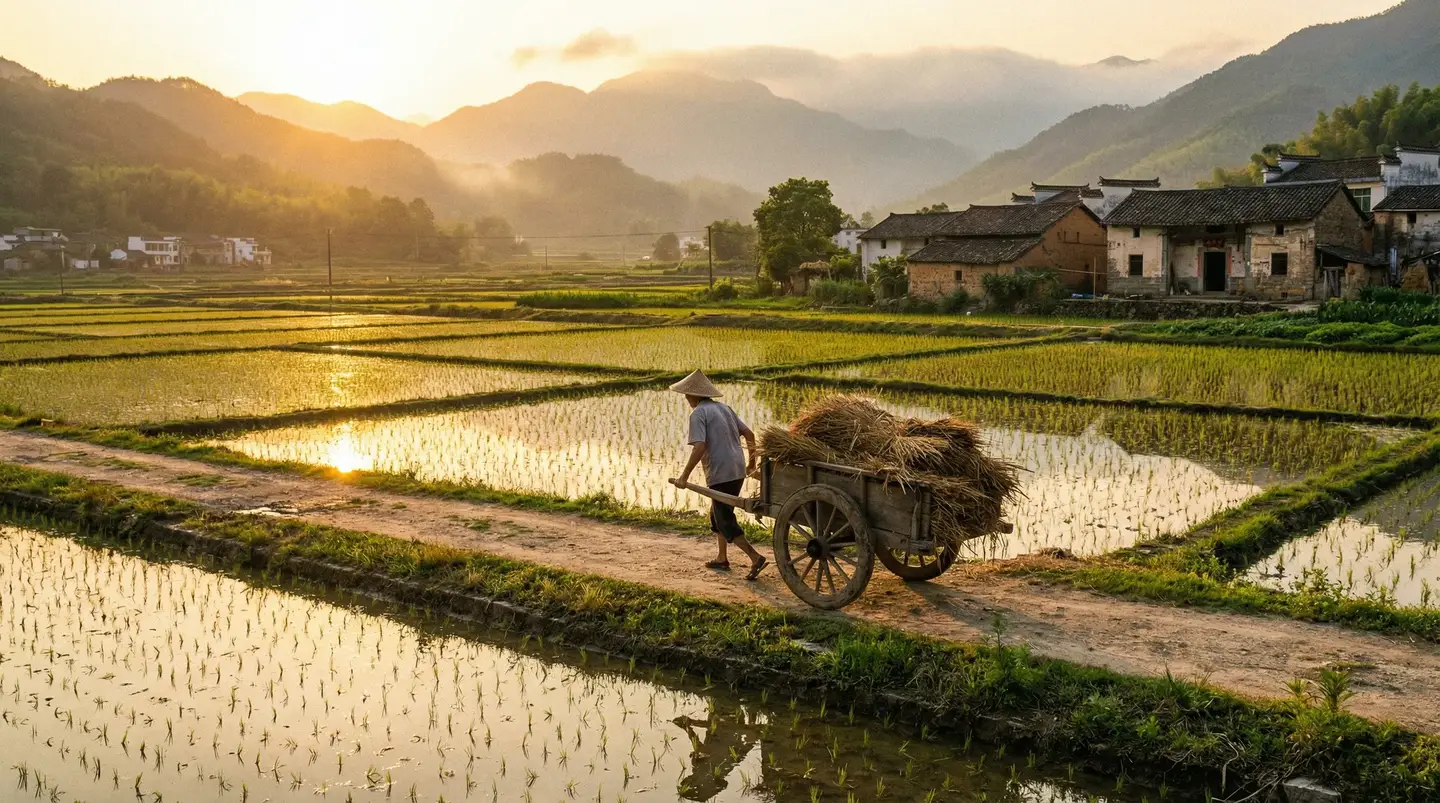 thinkpad平板电脑怎么样 - 金色夕阳下的乡村田野，老农推着木车行走在田埂上