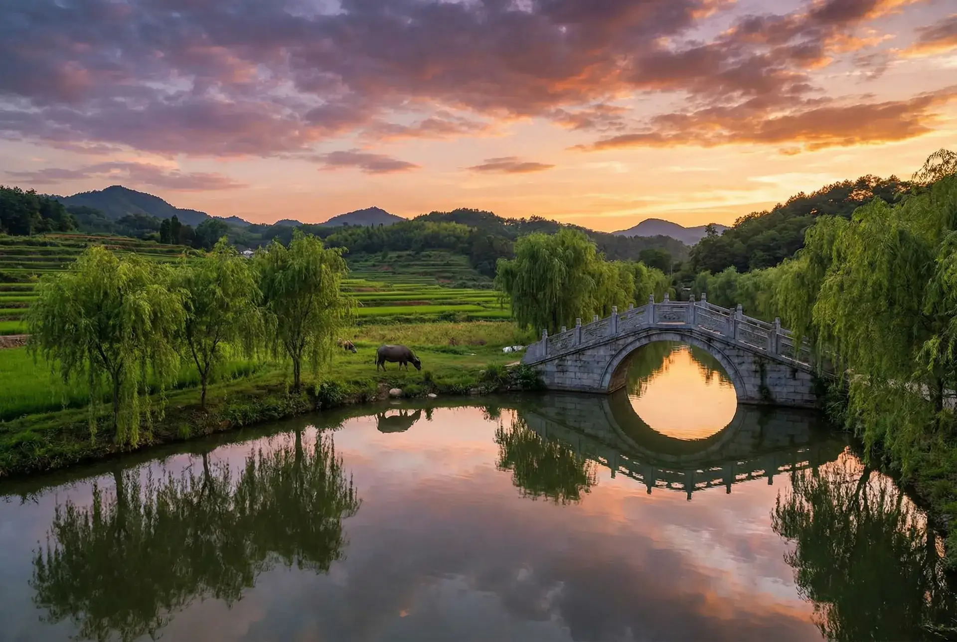 夕阳下的石拱桥与垂柳，水牛在河边吃草 - thinkpad平板电脑怎么样 乡村美景